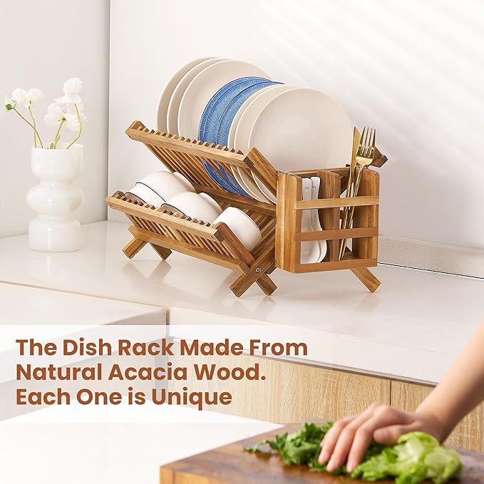 Acacia Wooden Dish Drying Rack for Kitchen Counter 2-Tier Collapsible Bmaboo - Image 2