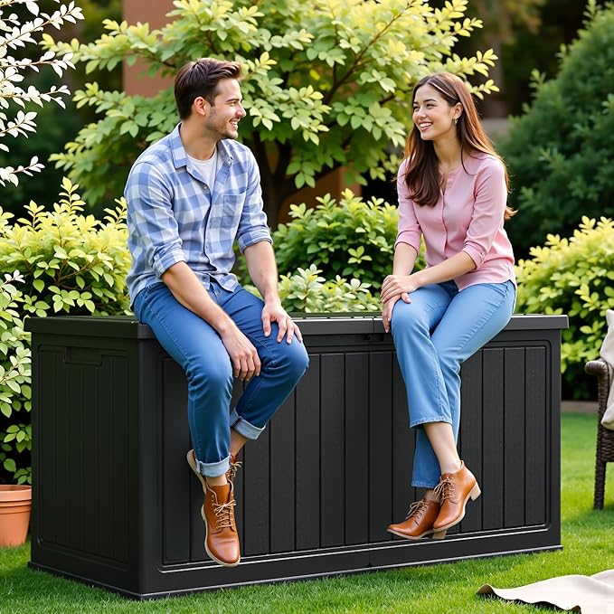 Flamaker Resin Deck Box 270 Gallon, Waterproof Imitation-Wood Lockable Storage Box with Separator Plate Outdoor Indoor, Garden, Patio Furniture for Tools&Pool Accessories (Black) - Image 8