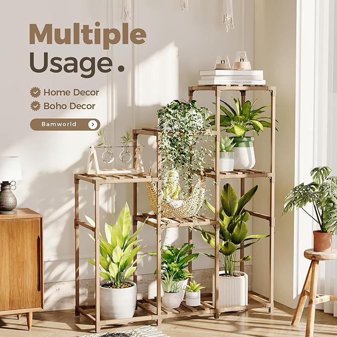Bamworld Tall Plant Stand Indoor Wood Shelf Outdoor Tiered Rack for Multiple Flowers 5-Tier 7-Pot Ladder Holder for Plant Pots Gardening Decor - Image 5