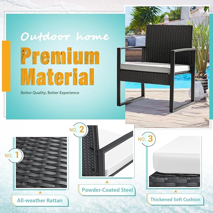 Flamaker 3 Pieces Patio Furniture Outdoor Wicker Modern Rattan Chair Conversation Sets with Coffee Table for Yard, Bistro(White) - Image 3