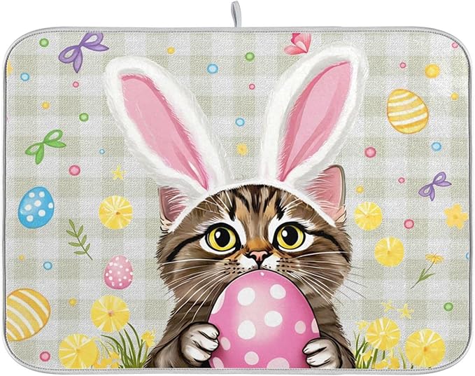 Happy Easter Day Pink Dish Drying Mat Quick Absorbent 18x24 Easter Bunny Rabbit by Wamika