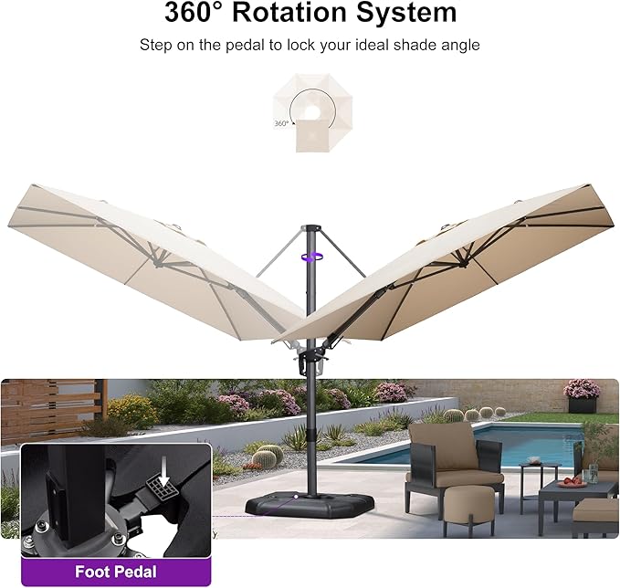 PURPLE LEAF 9' X 12' Right-left Tilt Patio Umbrella with Base Outdoor Cantilever Swivel Rectangle Umbrella Aluminum Offset Umbrella with 360-degree Rotation for Garden Deck Pool Patio Beige - Image 7