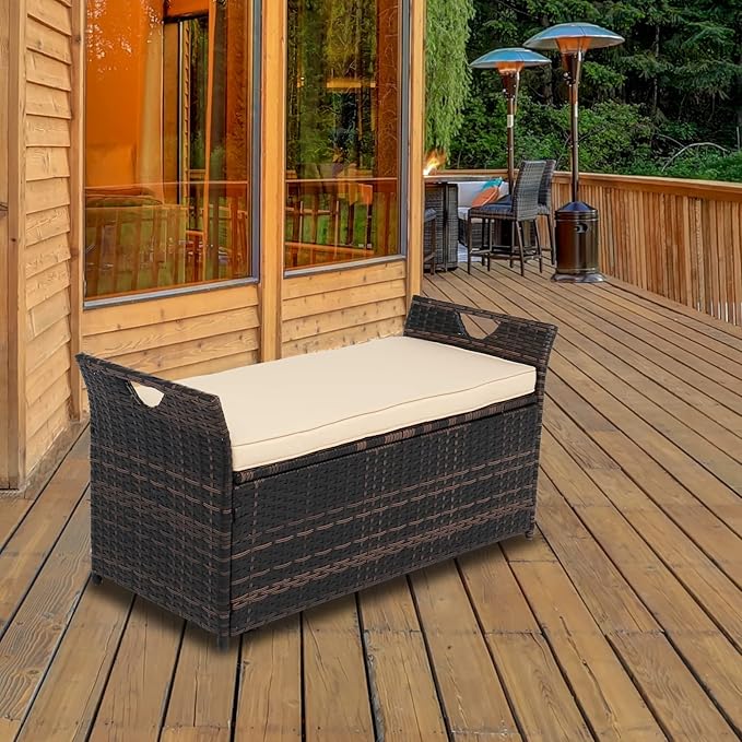 VINGLI 40 Gallon Outdoor Rattan Deck Box w/Cushion, Patio Wicker Storage Box, Garden Deck Storage Bin for Garden, Balcony, Porch, Pool, Yard, Brown - Image 7