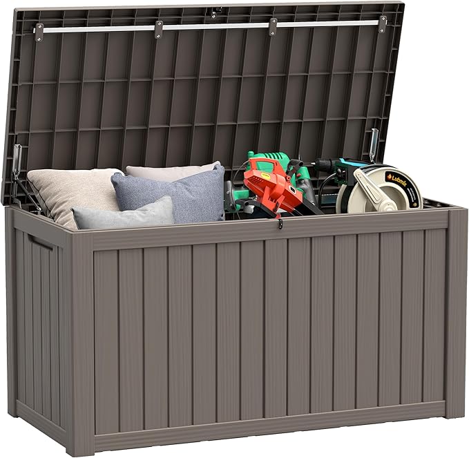 Outdoor Storage Box, Resin Deck Boxes Indoor and outdoor, Waterproof Storage Box Lockable Lid (Grey, 180 Gallon) by NBYSGO