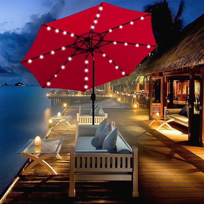 Blissun 9 ft Solar Umbrella, 32 LED Lighted Patio Umbrella, Table Market Umbrella, Outdoor Umbrella for Garden, Deck, Backyard, Pool and Beach (Red) - Image 5