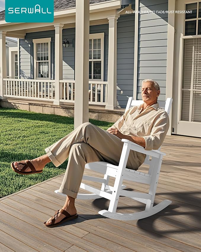 SERWALL Oversized Rocking Chair, Outdoor Rocking Chair for Adults, All Weather Resistant Porch Rocker for Lawn Garden, White - Image 2