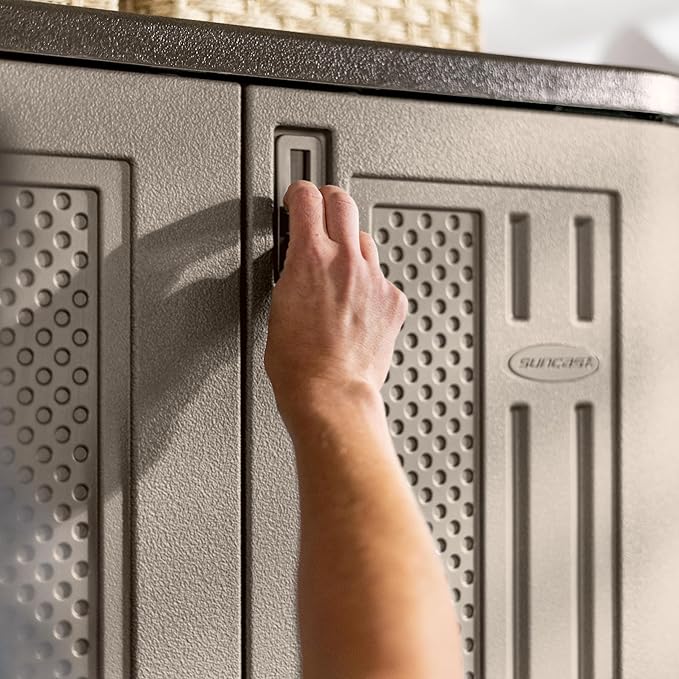 Suncast Tall Storage Cabinet, Platinum Resin Garage Storage Cabinet with Doors & Shelves, Plastic, Lockable, Freestanding Utility Closet for Tools & Supplies, Made in USA - Image 12