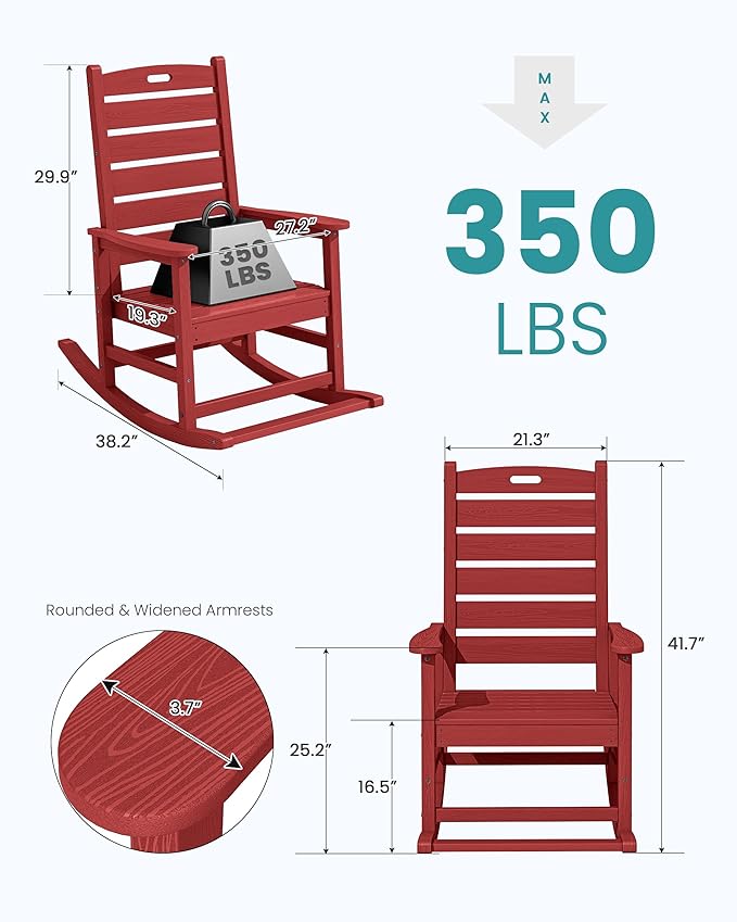 SERWALL Outdoor Rocking Chair Set of 2, Oversized Rocking Chair with Footboard for Adults, HDPE All Weather Resistant Rocking Chairs for Patio, 350lbs Weight Capacity,Red - Image 3