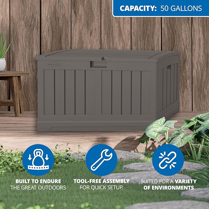 Suncast 50 Gallon Plastic Deck Box with Molded Lockable Feature and Weathertight Construction for Home, Patio, Lawn, and Garden Storage, Gray - Image 3