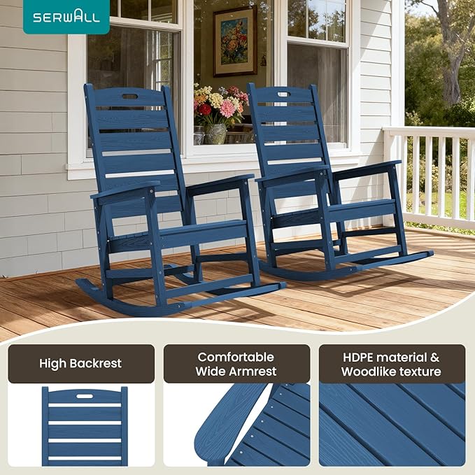 SERWALL Oversized Outdoor Rocking Chair, HDPE Patio Rocking Chair with Footrest for Adults, All Weather Porch Rocker for Deck Patio Balcony, Navy - Image 5