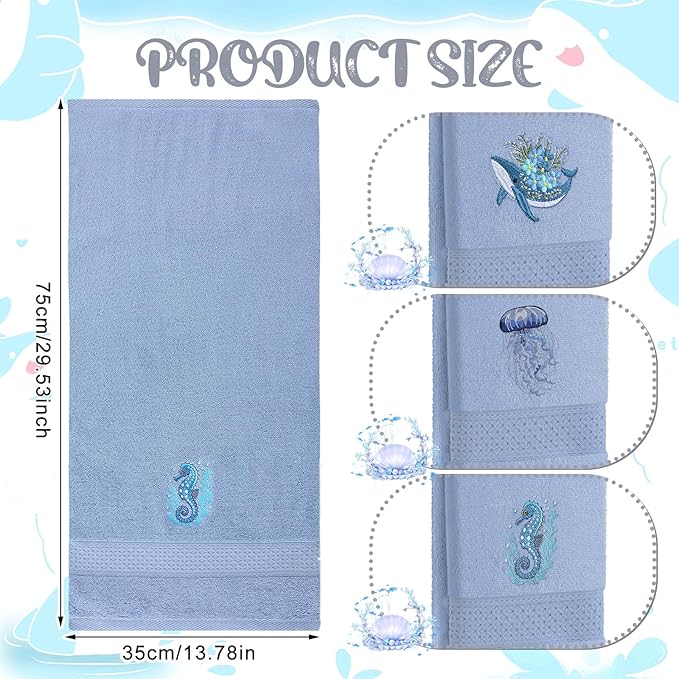 3 Pack Ocean Hand Towels for Bathroom 100% Cotton Embroidered Seahorse - Image 3
