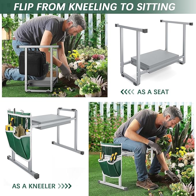 FLINTER Garden Kneelers Seat, Stable and Save Tip-Resistant Design 10.2" Wider Garden Kneeler and Seat with Handle, Heavy Duty Gardening Stool for Seniors, Gardening Weeding Bench for Parents - Gray - Image 3