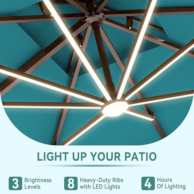 10 X 13 FT Cantilever Outdoor Patio Umbrella with Base Included Large Heavy Duty 360° Rotation Double Top Offset Rectangular Umbrellas with Led Lights for Backyard Outside Deck, Turquoise - Image 3