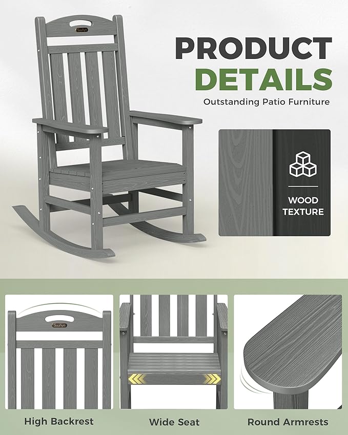 Oversized Outdoor Rocking Chairs Set of 2, High Back Porch Rocker Chair, HDPE Rocking Chairs for Patio, Living Room, Light Grey - Image 6