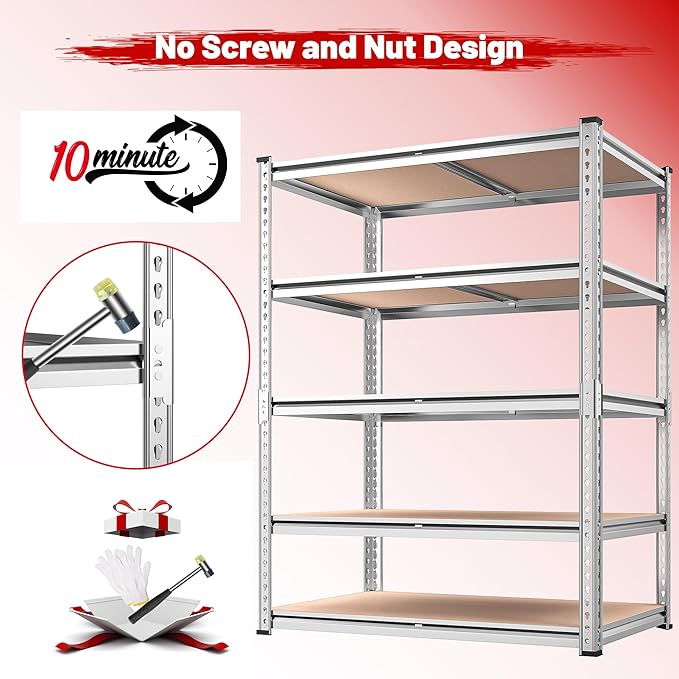 REIBII 2020LBS Garage Shelving Heavy Duty Metal Shelving 5 Tier Storage Shelves, Garage Shelves for Basement, Warehouse, Pantry, Closet, Kitchen, 72" H x 35.55" W x 16" D, Galvanized, 2 Pack - Image 9