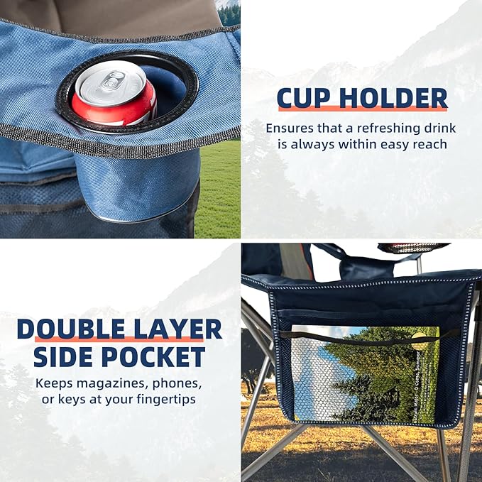2 Pack Folding Camping Chairs for Adults - High Back Padded Outdoor Lawn Chairs with Lumbar Support & Cup Holder, 400lbs Heavy Duty Portable Camping Chairs Set (Blue & Brown, 2 PCS) - Image 7