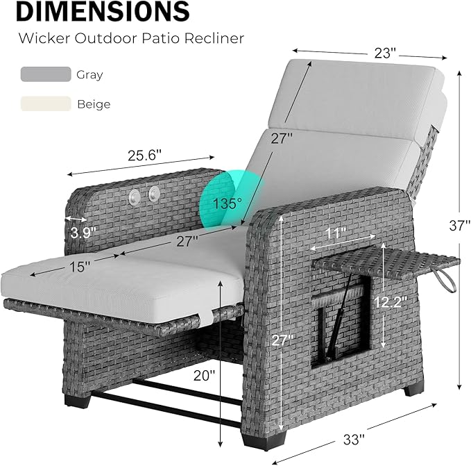 Restland Outdoor Recliner with Independent Adjustable Back & Footrest Wicker Patio Reclining Chair with Flip Table Comfortable Lounge Chair & Thick Cushion for Deck, Porch (Grey) - Image 2