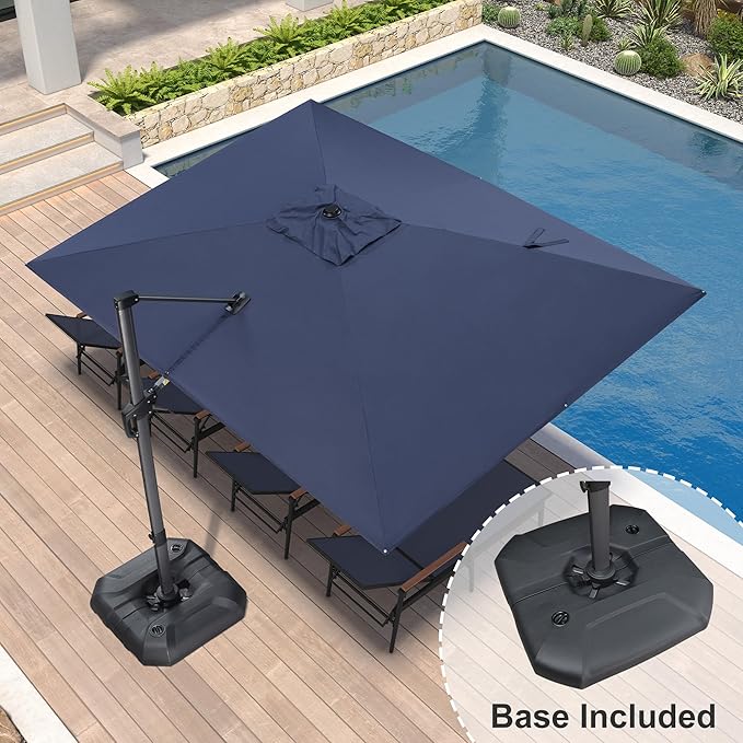 PURPLE LEAF 9' X 11.5' Cantilever Outdoor Rectangle Umbrella Patio Umbrella with Base Offset Umbrella with 360-degree Rotation for Garden Pool Deck Patio Navy Blue - Image 2