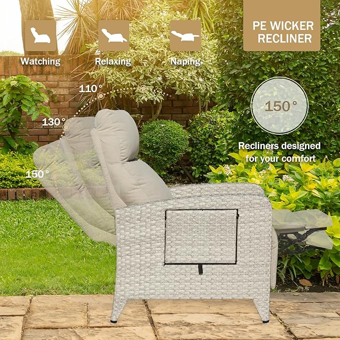 Upgraded Outdoor Recliner Chair, Reclining Patio Chairs with Adjustable Back up to 150°Lay Flat and Extended Footrest, Wicker Recliner Chairs with Flip Table and Removable Olefin Cushion - Image 4