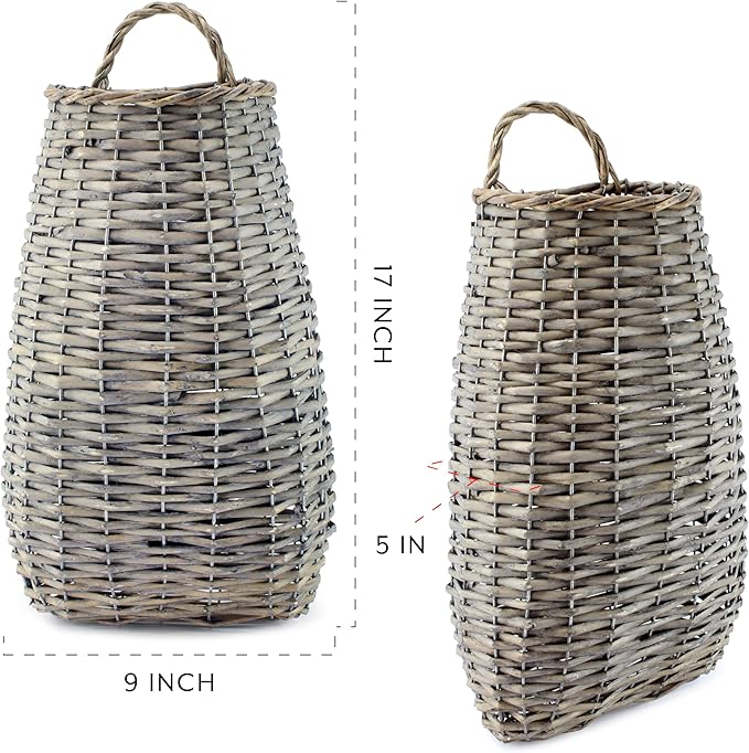 AuldHome Design Wall Hanging Pocket Basket; Woven Wicker Rustic Farmhouse Gray - Image 6
