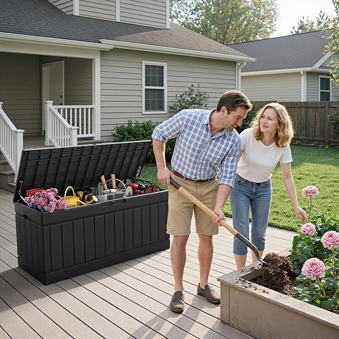 Flamaker Outdoor Storage Box 80 Gallon Resin Waterproof Deck Box Delivery Box with Wood Texture Large Storage Bin for Patio Cushions (Black) - Image 7