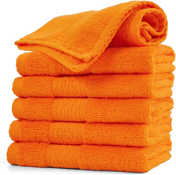 Cleanbear Washcloths Orange Face Cloths Set of 6 Large All Cotton Bathroom Wash by Cleanbear