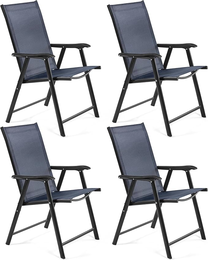 Yaheetech Outdoor Patio Chairs Set of 4, Portable Dining Chairs with Armrests for Camping, Lawn Yard Beach, Folding Outdoor Chairs 4-Pack with Metal Frame, Navy Blue by Yaheetech