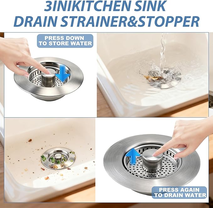 Kitchen Sink Drain Strainer, Stainless Steel 3-in-1 Pop-up Sink Stopper - Image 3