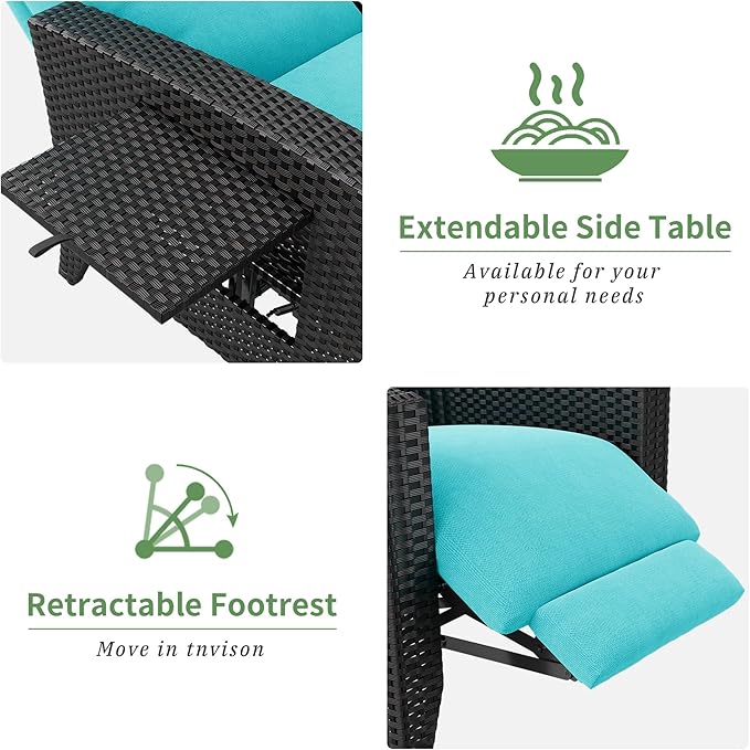 IDEALHOUSE Wicker Outdoor Recliner Reclining Patio Chairs with Adjustable Back & Footrest 150° Lay-Flat Reclining with Air Pump Rattan Flip-Up Side Table Outdoor Lounge Chairs for Pool Deck Balcony - Image 8