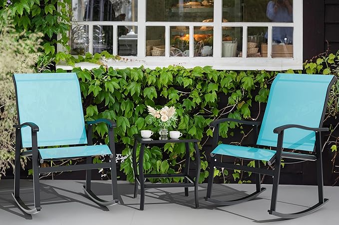 Vongrasig 3 Piece Outdoor Rocking Bistro Set, Textilene Fabric Small Patio Furniture Set, Front Porch Rocker Chairs Conversation Set with Glass Table for Lawn, Garden, Balcony, Poolside (Blue) - Image 8