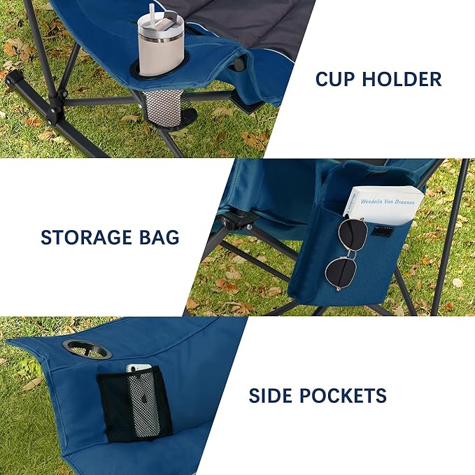 Oversized Rocking Camping Chair with Headrest & Cup Holder - 400lbs Capacity, 600D Oxford Fabric, Easy Fold Portable Outdoor Rocker Chair for Camping, Backyard, Beach, Blue - Image 8
