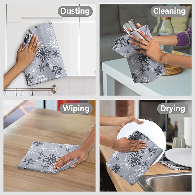 Urban Villa Christmas Kitchen Towels Grey Snowflake Print Premium Quality 100% - Image 3