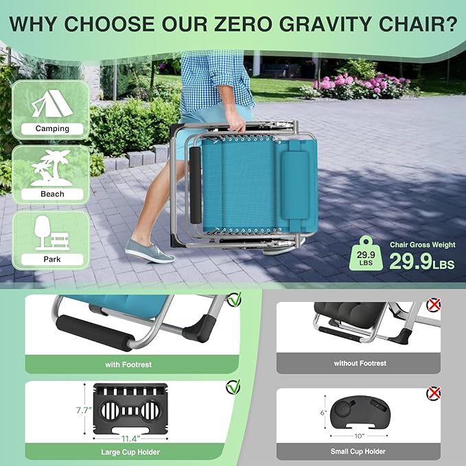 Suteck Oversized Zero Gravity Chair,33In XXL Outdoor Recliner Chair w/Removable Cushion&Headrest, Camping Lounge Chair w/Upgraded Lock&Footrest, Reclining Patio Chairs for Indoor Outdoor,500LBS - Image 5