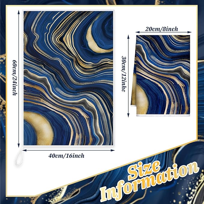Boyiee 6 Pcs Marble Hand Towels Blue and Gold Towels Navy Blue Kitchen Towel - Image 4