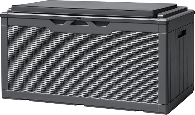 Devoko 100 Gallon Deck Box, Waterproof Resin Outdoor Storage Box with Cushion for Outside and Patio, Large Outdoor Storage Bench Cabinet Lockable for Patio Furniture and Garden Tools (Gray) by DEVOKO