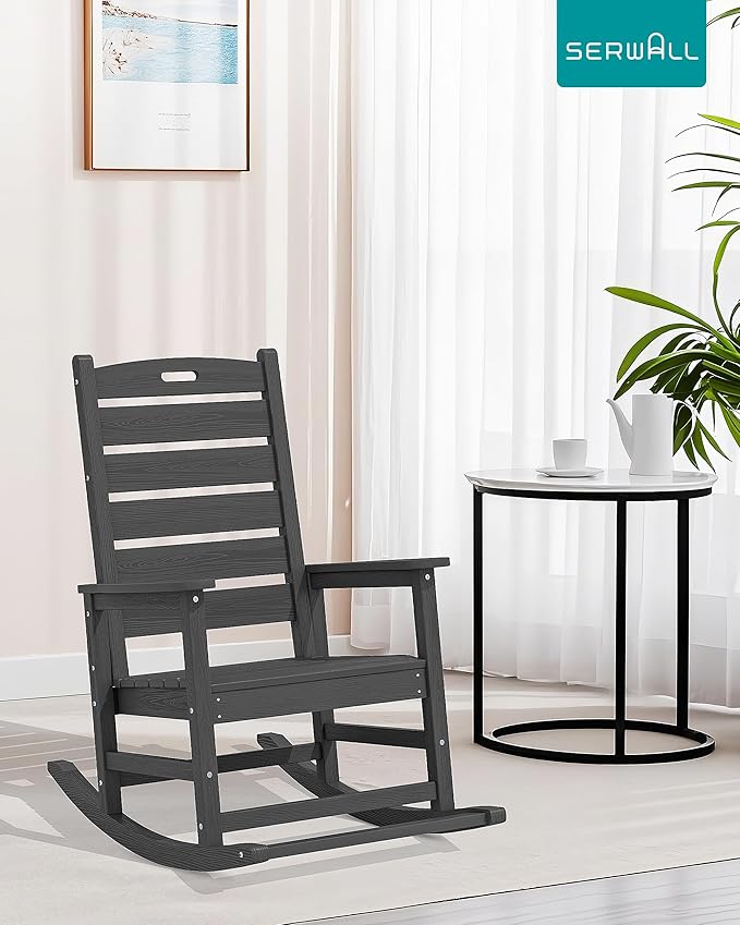 SERWALL Outdoor Rocking Chair Set of 2, Oversized Rocking Chair with Footboard for Adults, HDPE All Weather Resistant Rocking Chairs for Patio, 350lbs Weight Capacity, Gray - Image 2