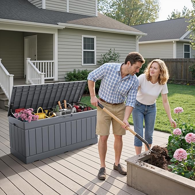 Flamaker Outdoor Storage Box 80 Gallon Resin Waterproof Deck Box Delivery Box with Wood Texture Large Storage Bin for Patio Cushions, (Grey) - Image 7