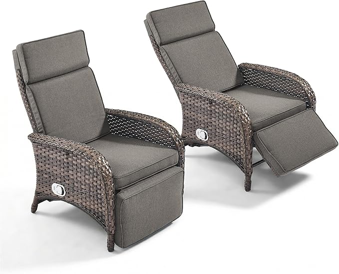 Zero Gravity Wicker Patio Recliner Chairs Set of 2 - Wicker Outdoor Lounge Chair with Adjustable Backrest & Footrest, All Weather Outdoor Reclining Chairs with Thick Cushion for Pool Deck Grey - Image 7