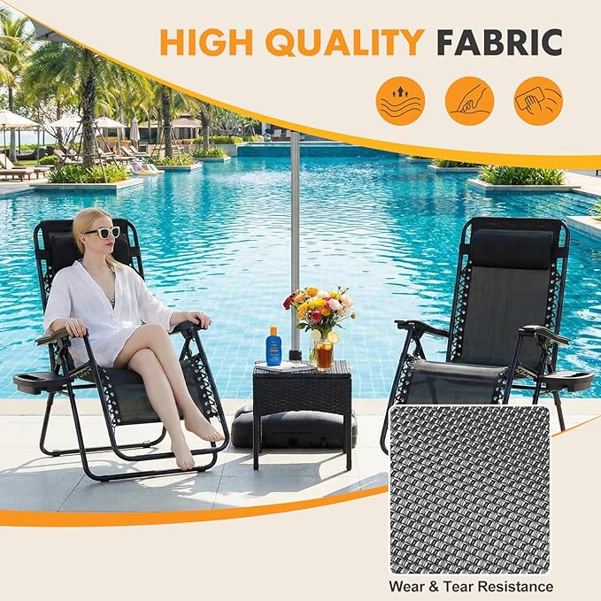 NEWBULIG Zero Gravity Chair Set of 2, Lounge Chair Folding Portable Adjustable Camping Reclining Chairs with Adjustable Pollow, Mesh Back, Cup Holder Trays Lawn Patio Chair for Pool Beach - Black - Image 5