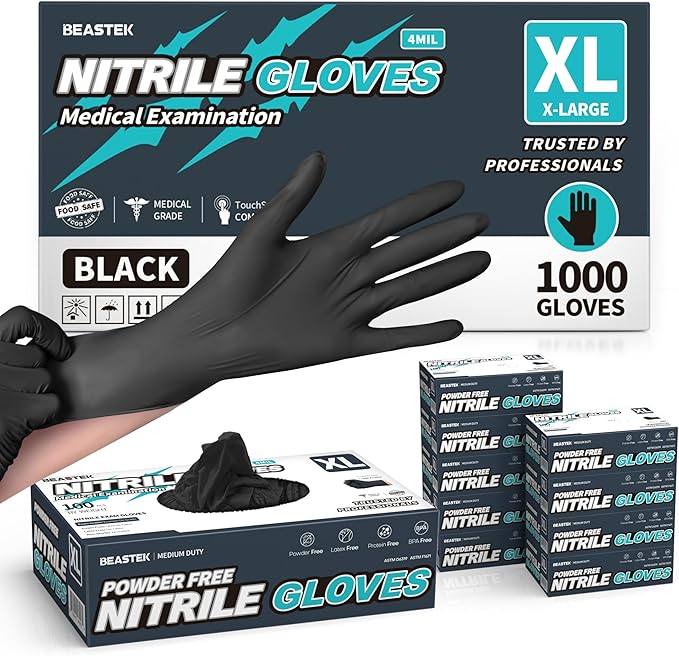 Beastek Black Disposable Nitrile Exam Gloves 100 Pcs 4Mil Chemical Resistant by Beastek