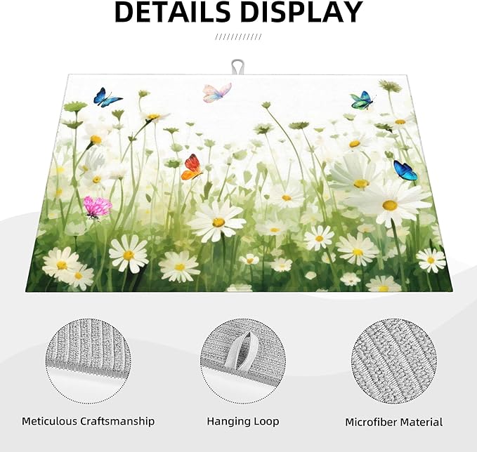 Vintage Watercolor Daisy Butterfly Dish Drying Mat - Image 4
