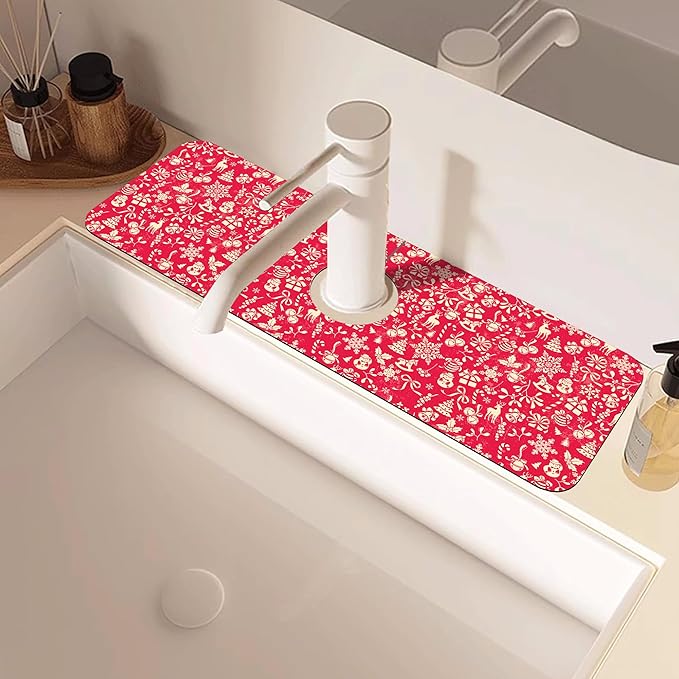 Christmas Reindeer Bell Snowflake Kitchen Sink Splash Guard Mat Absorbent Fast - Image 2
