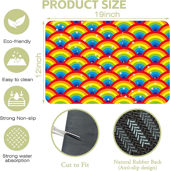 Kitchen Mat Rainbow Half Circle Star Dish Drying Mat 12"x19" Bsorbent Coffee - Image 4