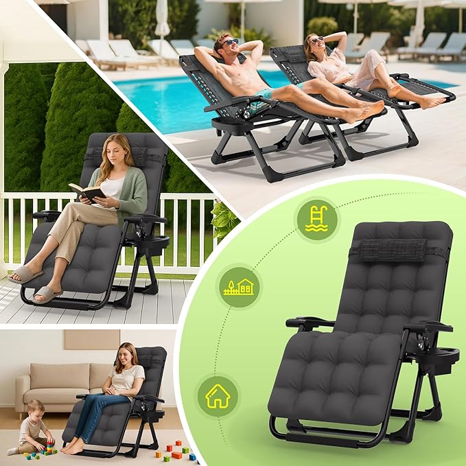 Suteck Zero Gravity Chair, Reclining Camping Lounge Chair w/Removable Cushion, Upgraded Lock and Cup Holder, Reclining Patio Chairs Folding Recliner for Indoor and Outdoor - Image 7