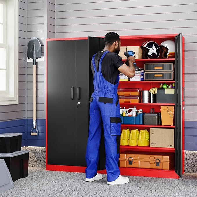 Yizosh Metal Garage Storage Cabinet with 2 Doors and 5 Adjustable Shelves - 71" Steel Lockable File Cabinet,Locking Tool Cabinets for Office,Home,Garage,Gym,School (Red Black) - Image 6
