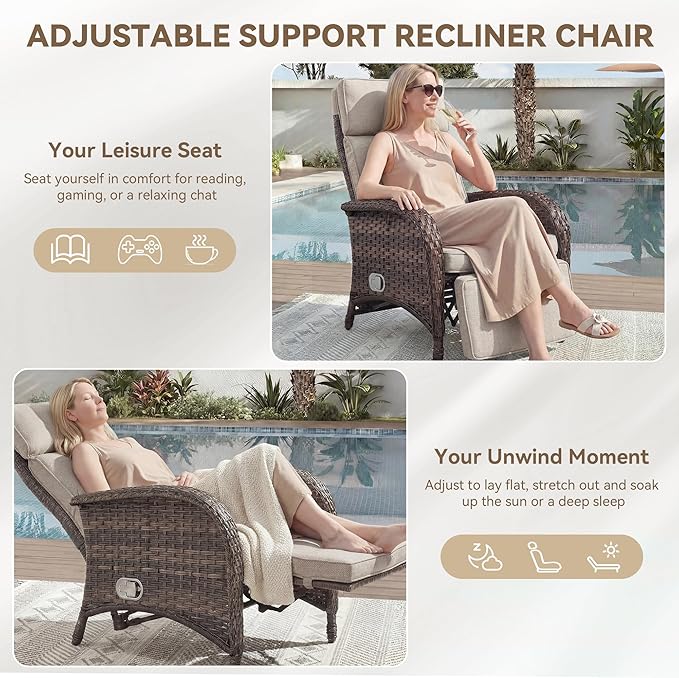 Zero Gravity Wicker Patio Recliner Chair - Wicker Outdoor Lounge Chair with Adjustable Backrest & Footrest, All Weather Outdoor Reclining Chairs with Thick Cushion for Pool Deck Beige - Image 5