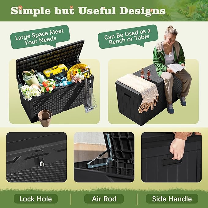 Flamaker Outdoor Storage Box 100 Gallon Waterproof Resin Deck Box Delivery Box with Air Rod Indoor Outdoor Lockable Storage Bench for Patio Cushions, Tools, Pool Accessories (Black) - Image 4