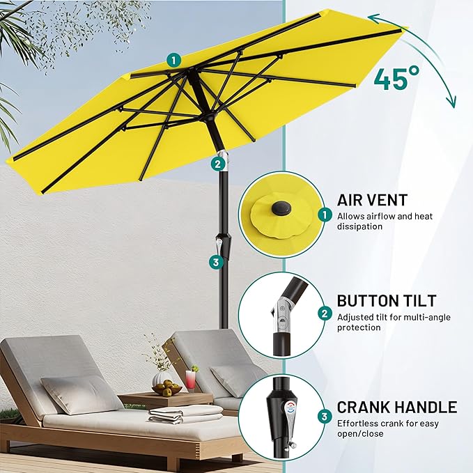 AreShark 9 FT Patio Umbrella for Outdoor, Outdoor Table Umbrella with Push Button Tilt and Crank, Outdoor Patio Umbrellas with 8 Sturdy Ribs for Market, Garden, Pool (Yellow) - Image 5