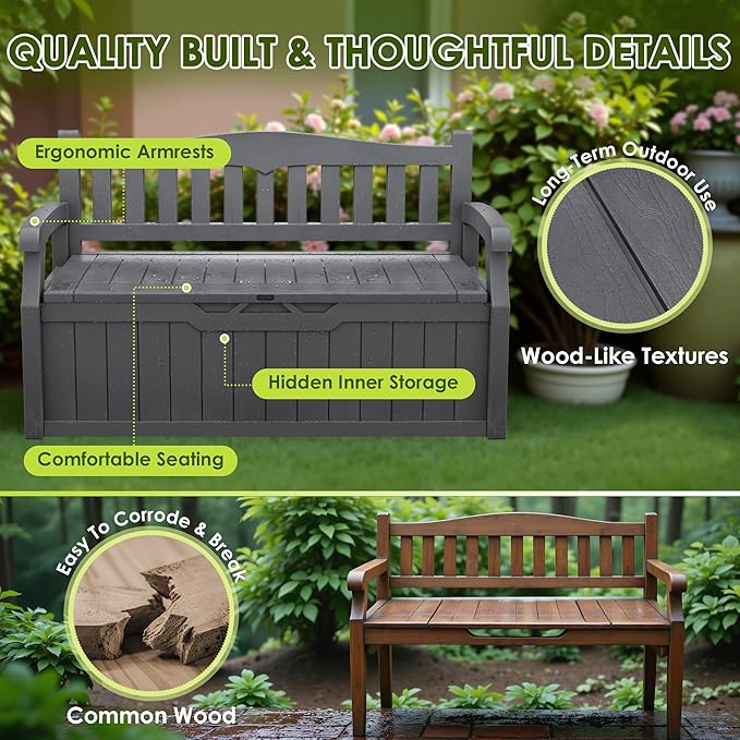 Greesum 80 Gallon Outdoor Storage Bench, Resin Patio Furniture with Armrest,Waterproof and UV-Resistant, Perfect to Garden, Poolside and Lawn, Dark Grey - Image 5