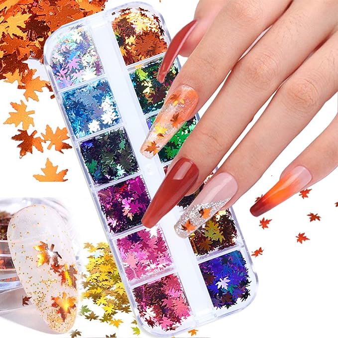 Maple Leaf Glitter Nail Art Sequins, 3D Fall Leaves Glitters Flakes Decor by VezocimManicureArt
